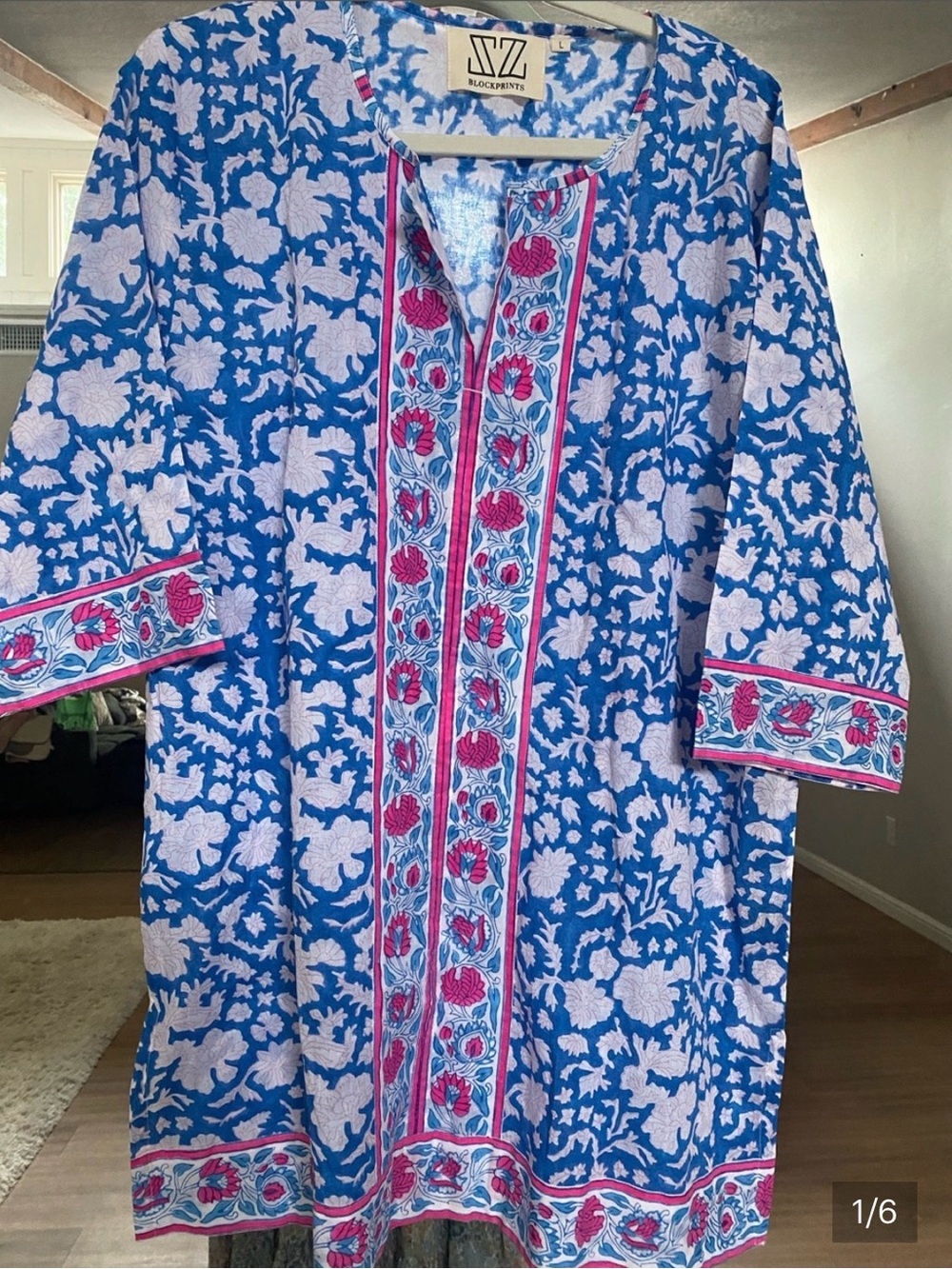 Blockprints Blue & White Floral Tunic with Pink Accents